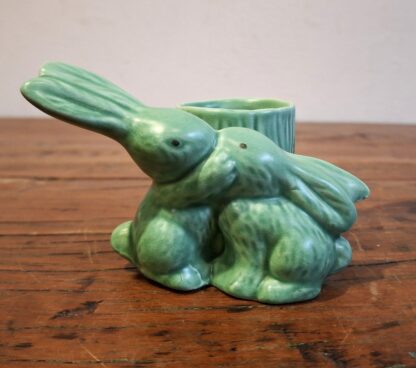 LOT 50 (32169160/3) Est R500 to R1500 – A Rare Post-war Novelty English Green Glazed Earthenware SylvaC Kissing Rabbits Toothpick Holder circa 1946-1950s