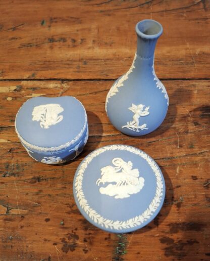 LOT 72 (32400) Est R200 to R400 – 3 x 20th Century Wedgwood Pale Blue Jasperware Cabinet pieces