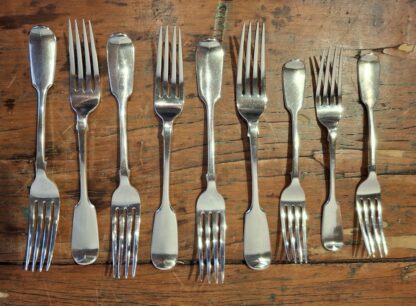 LOT 1 (32190153) Est R4000 to R8000 – 6 x Early Victorian Silver Fiddle pattern Table Forks