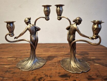 LOT 33 (32404) Est R5000 to R15000 – An Elegant Pair of Early 20th Century German WMF Art Nouveau Oxidised and Electroplated Pewter Figural Two-light Candelabras circa 1906 - Image 3